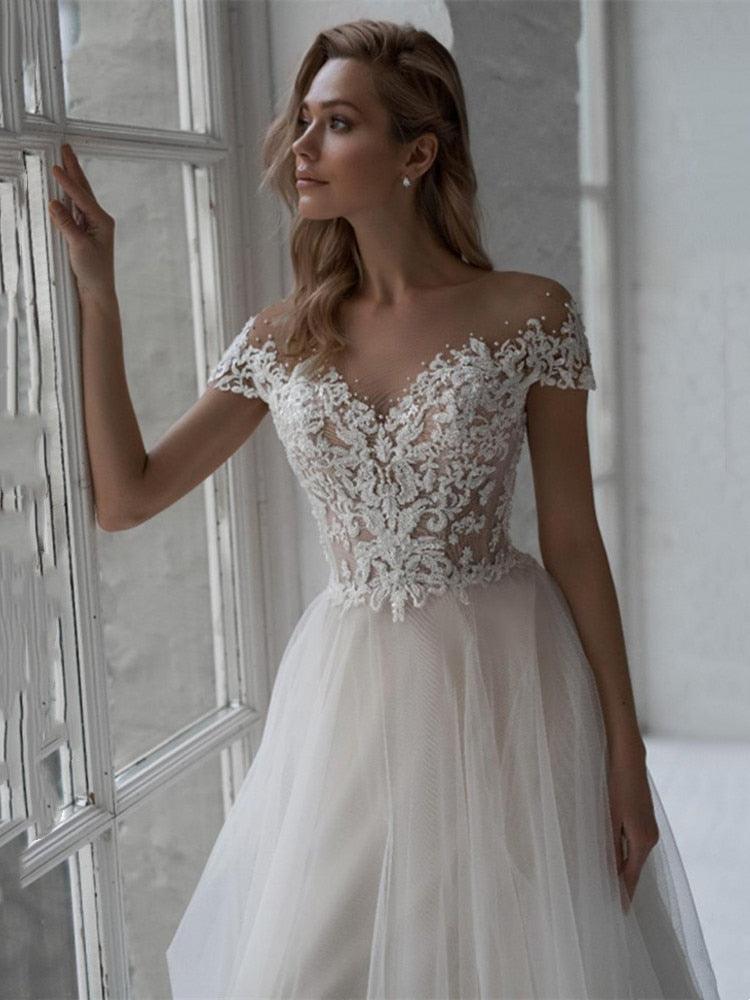 Pearl Beaded Lace Appliqué Tulle Wedding Dress – Bohemian A-Line Design, Custom Made