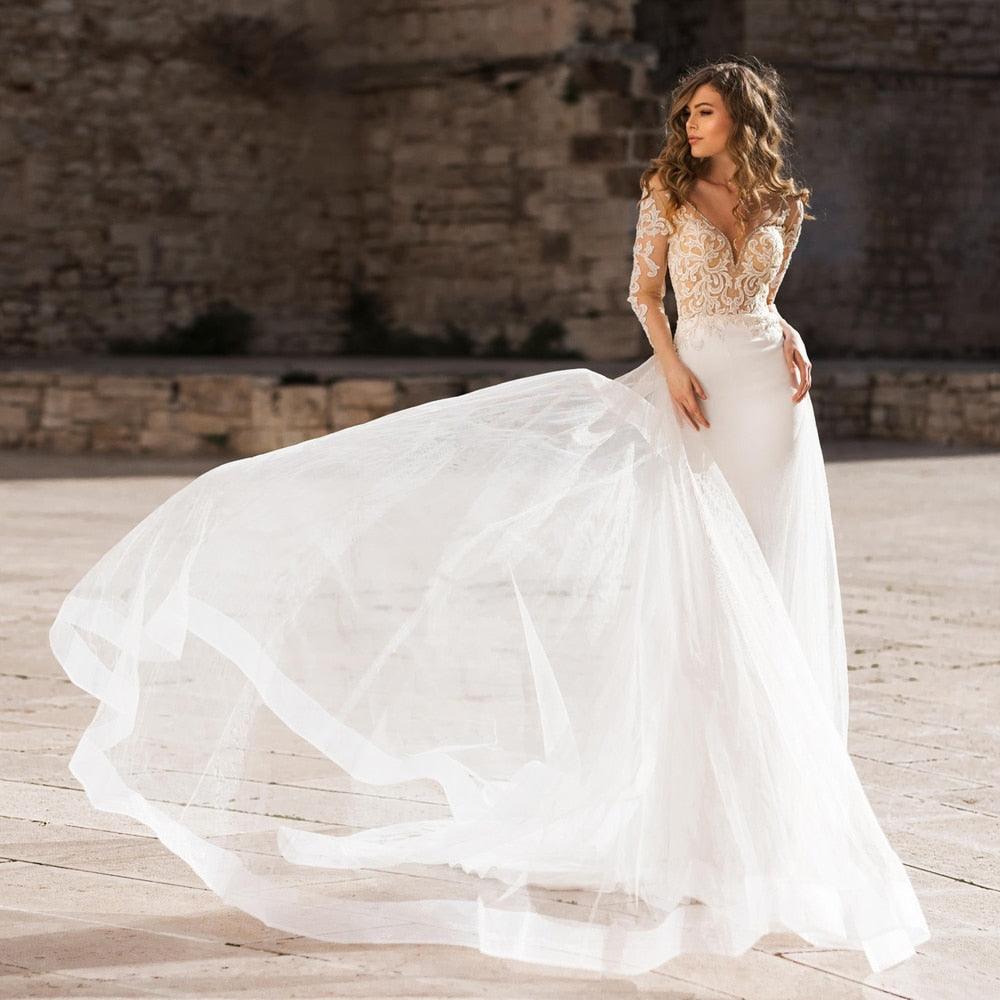 Mermaid Long Sleeve Beach Wedding Dress – Elegant Slim Fit, Custom Made
