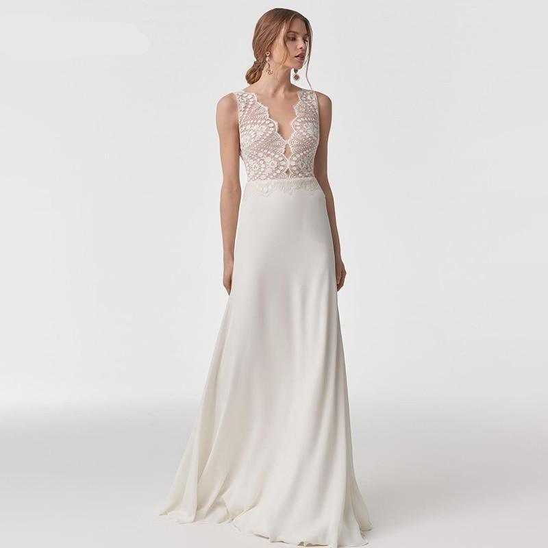 Simple Lace Top V-Neck Wedding Dress – White/Ivory Chiffon, Lightweight & Elegant, Custom Made