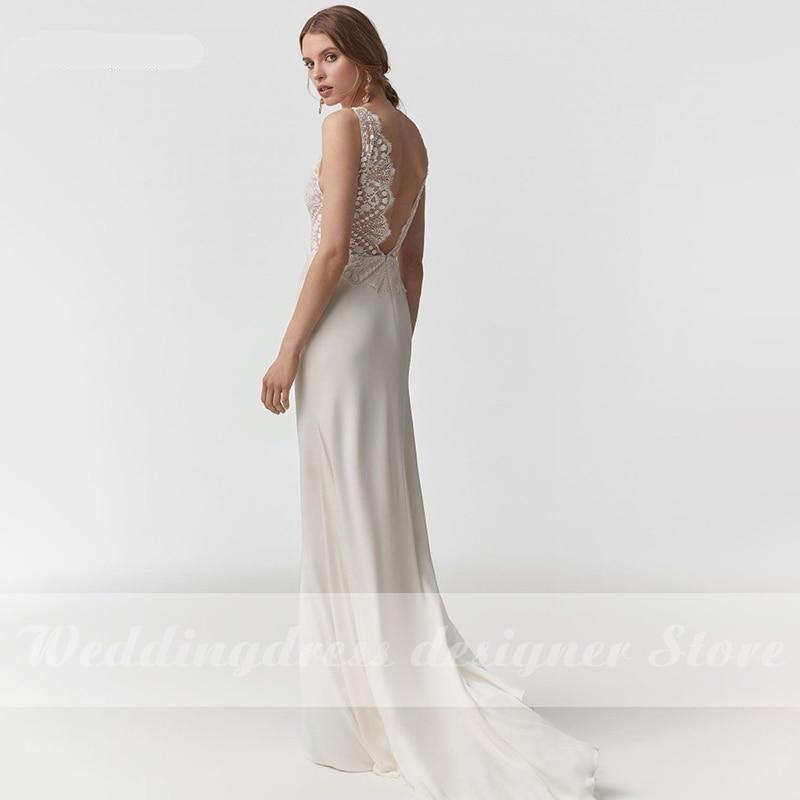 Simple Lace Top V-Neck Wedding Dress – White/Ivory Chiffon, Lightweight & Elegant, Custom Made