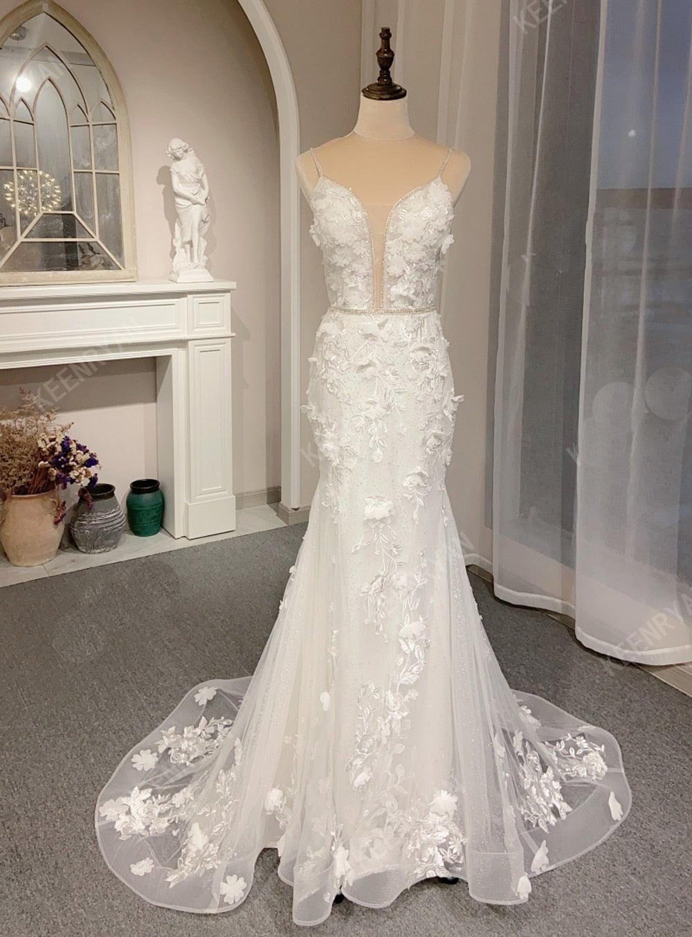 Sexy Deep V-Neck Mermaid Wedding Dress – Spaghetti Straps, Crystal Beading & 3D Appliqués, Custom Made
