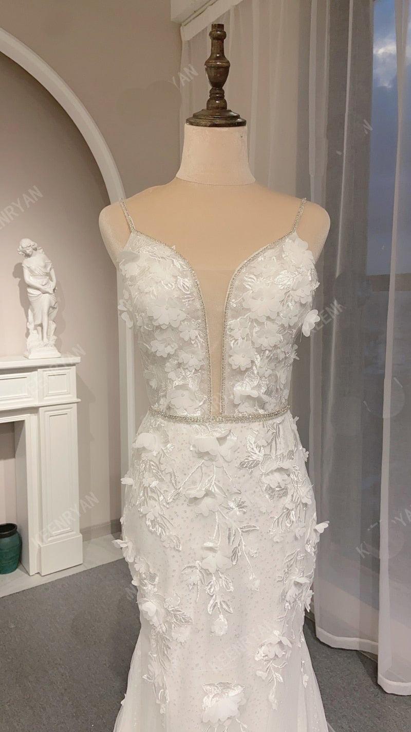 Sexy Deep V-Neck Mermaid Wedding Dress – Spaghetti Straps, Crystal Beading & 3D Appliqués, Custom Made