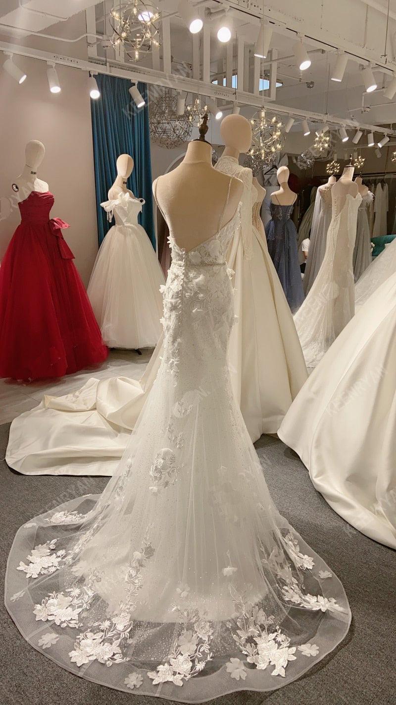 Sexy Deep V-Neck Mermaid Wedding Dress – Spaghetti Straps, Crystal Beading & 3D Appliqués, Custom Made