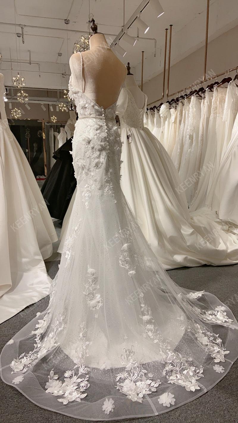 Sexy Deep V-Neck Mermaid Wedding Dress – Spaghetti Straps, Crystal Beading & 3D Appliqués, Custom Made