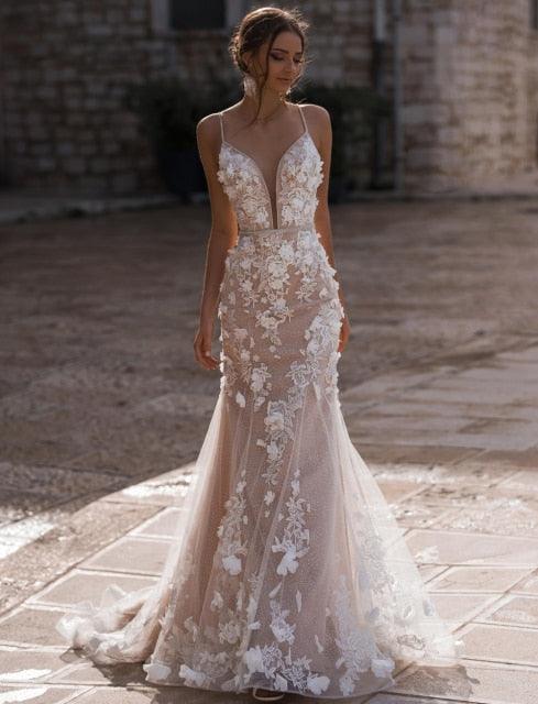 Sexy Deep V-Neck Mermaid Wedding Dress – Spaghetti Straps, Crystal Beading & 3D Appliqués, Custom Made