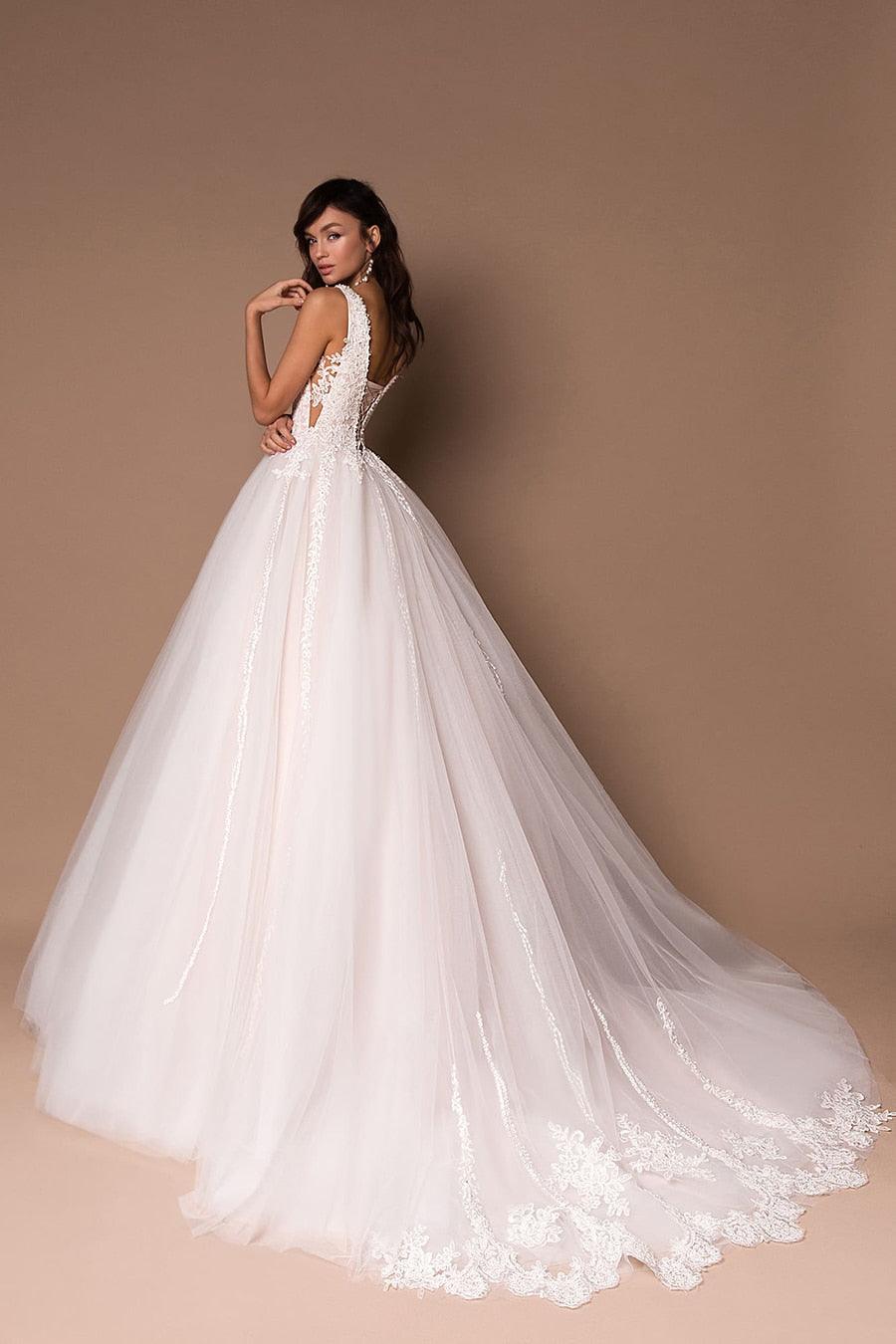Deep V-Neck Princess Wedding Dress – Puffy Tulle, Beads & Appliqués, Custom Made