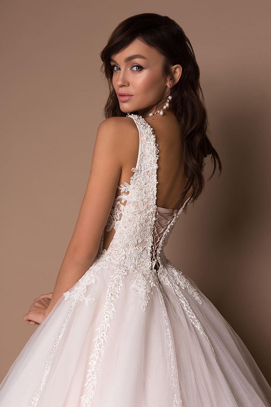 Deep V-Neck Princess Wedding Dress – Puffy Tulle, Beads & Appliqués, Custom Made