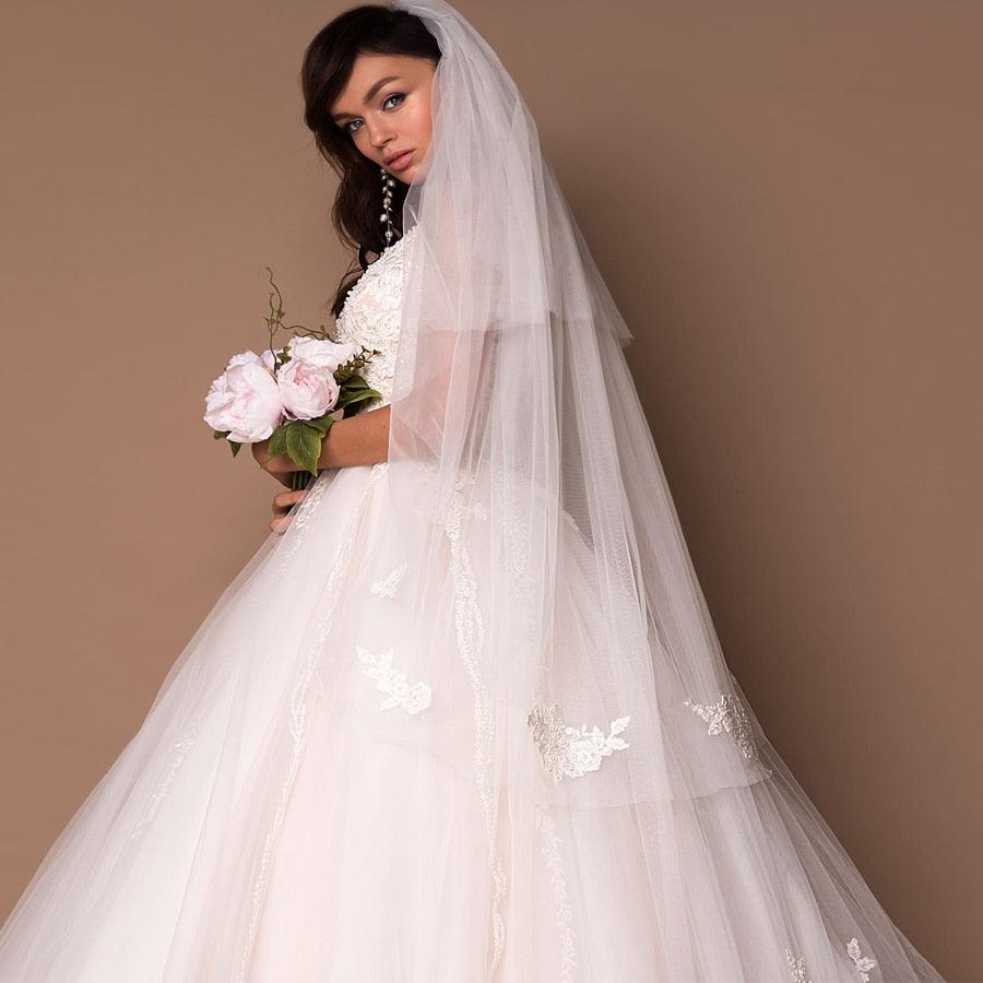 Deep V-Neck Princess Wedding Dress – Puffy Tulle, Beads & Appliqués, Custom Made