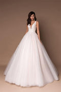 Deep V-Neck Princess Wedding Dress – Puffy Tulle, Beads & Appliqués, Custom Made