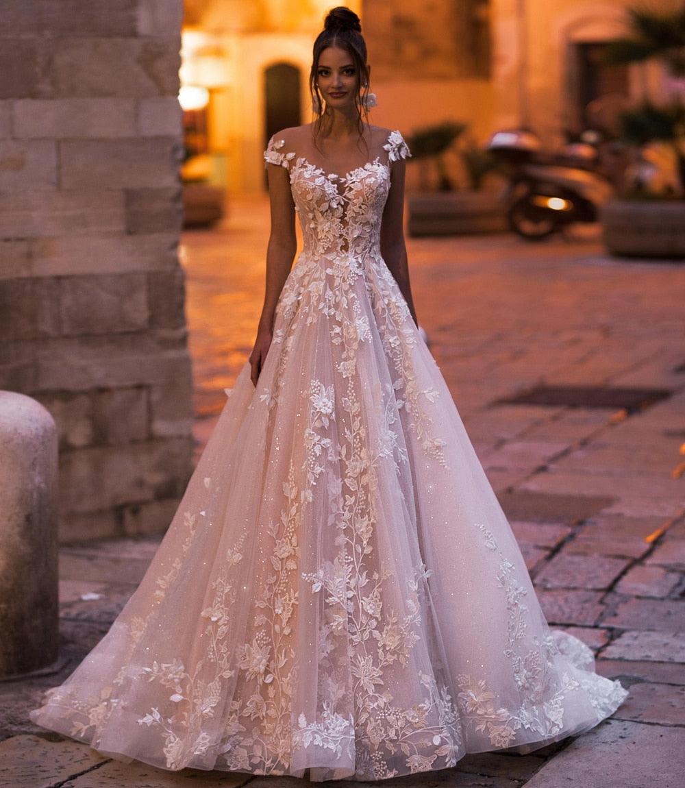 Plus Size A-Line Wedding Dress – Deep V-Neck Lace, Beading & Appliqués, Custom Made