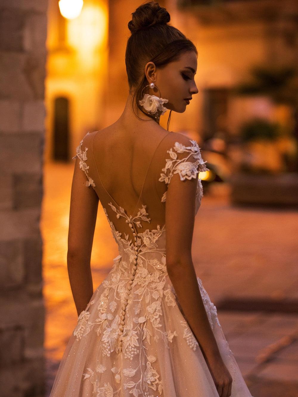 Plus Size A-Line Wedding Dress – Deep V-Neck Lace, Beading & Appliqués, Custom Made