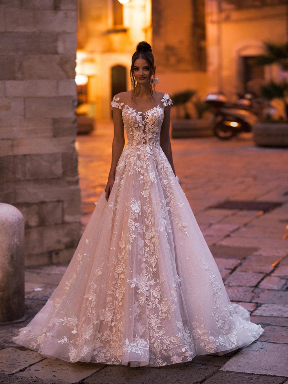 Plus Size A-Line Wedding Dress – Deep V-Neck Lace, Beading & Appliqués, Custom Made