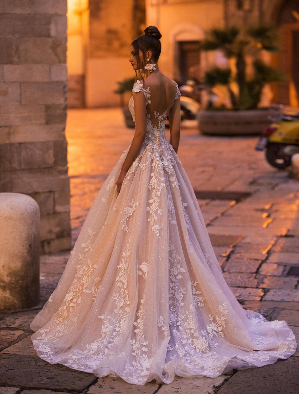 Plus Size A-Line Wedding Dress – Deep V-Neck Lace, Beading & Appliqués, Custom Made