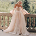 Champagne Wedding Dress – Long Puff Sleeves & Off-the-Shoulder Romantic Style, Custom Made