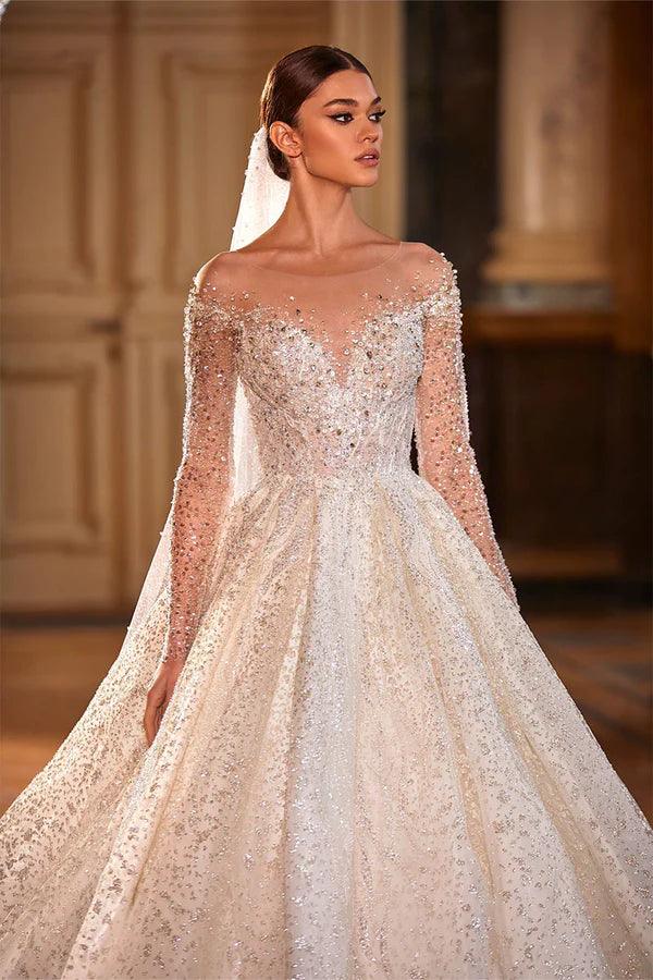 Royal French Princess Wedding Dress – Luxury Long Sleeves with Sparkling Beads, Custom Made