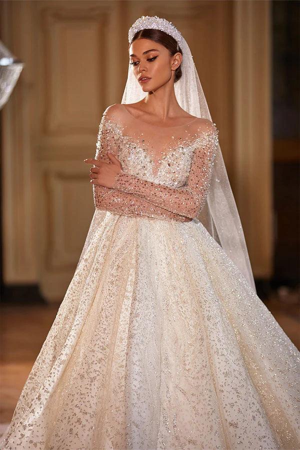 Royal French Princess Wedding Dress – Luxury Long Sleeves with Sparkling Beads, Custom Made