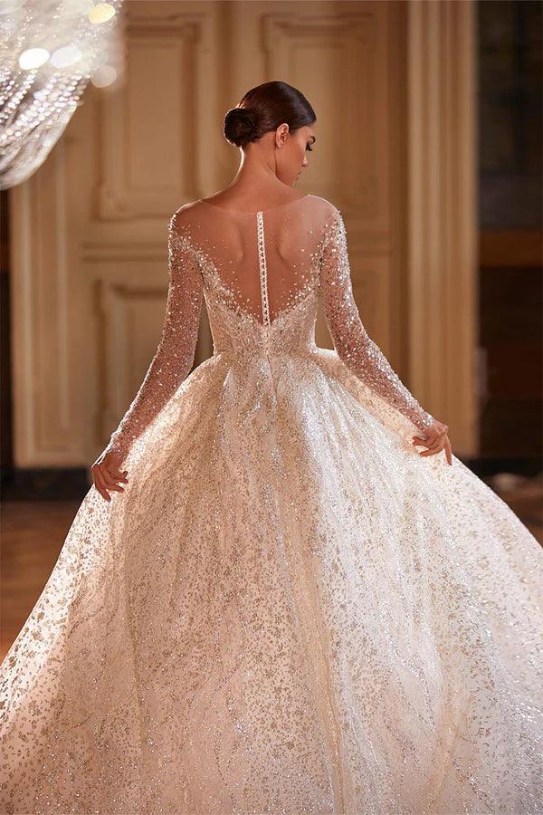 Royal French Princess Wedding Dress – Luxury Long Sleeves with Sparkling Beads, Custom Made