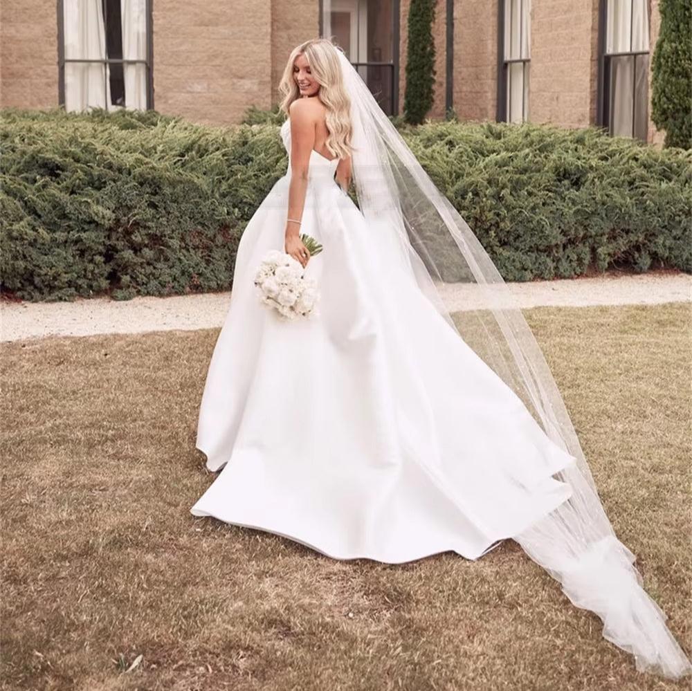 Strapless Satin A-Line Wedding Dress – Elegant White Princess Bridal Gown, Custom Made