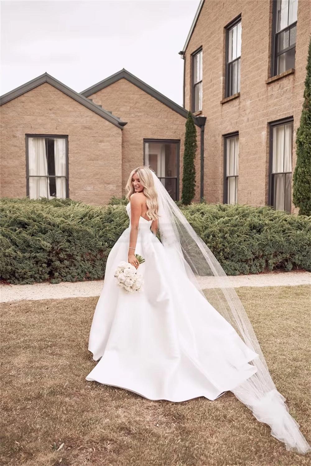 Strapless Satin A-Line Wedding Dress – Elegant White Princess Bridal Gown, Custom Made