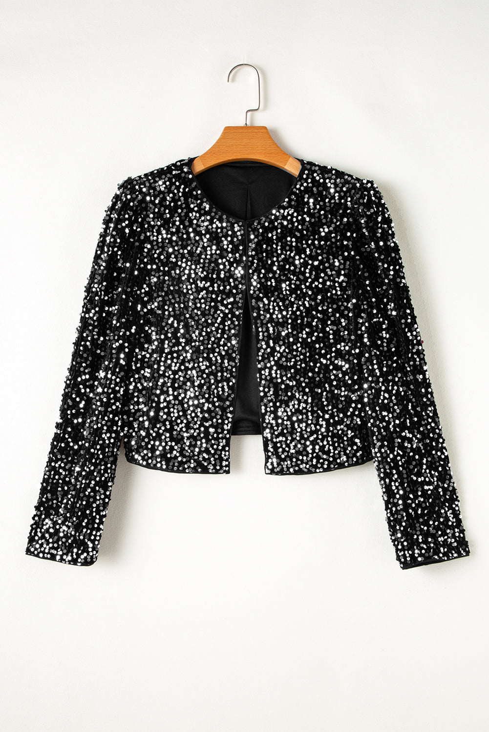 Women's Sequined Open-Front Cropped Jacket in Onyx Black