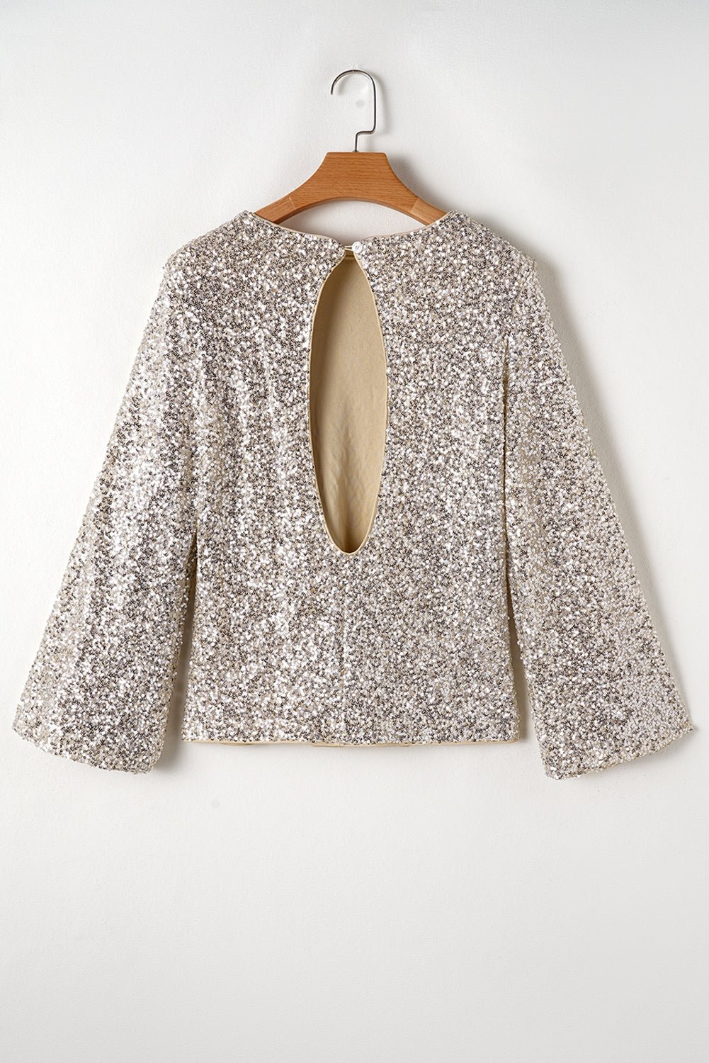 Women's Silver Sequin Puff Sleeve Blouse with Cutout Back