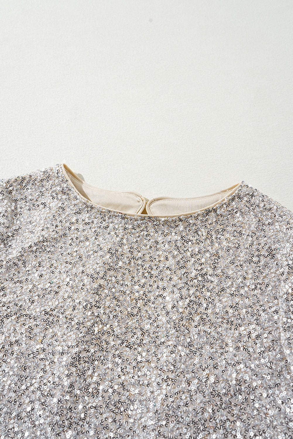 Women's Silver Sequin Puff Sleeve Blouse with Cutout Back