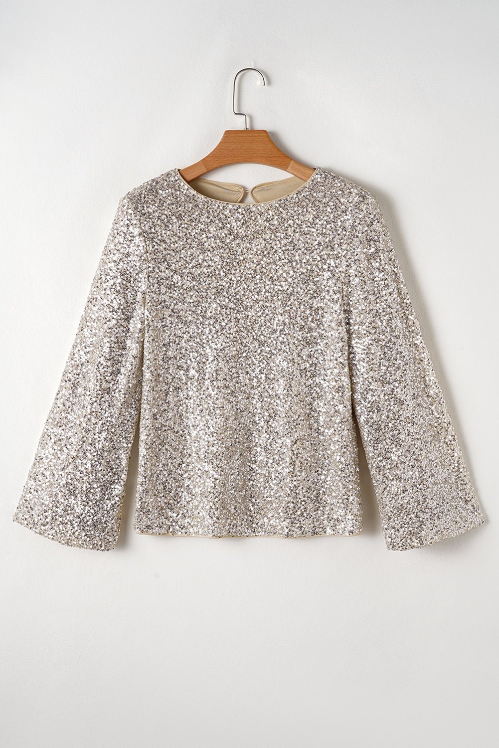 Women's Silver Sequin Puff Sleeve Blouse with Cutout Back