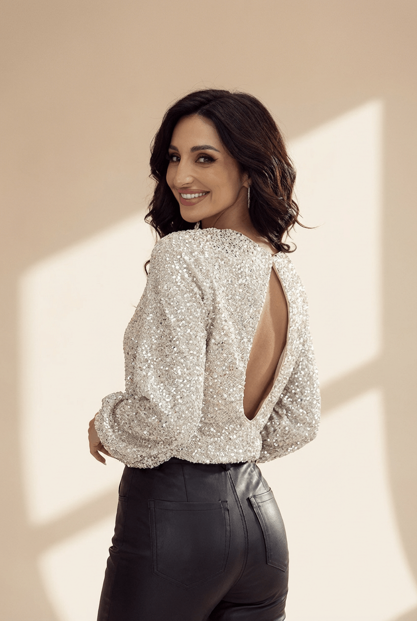 Women's Silver Sequin Puff Sleeve Blouse with Cutout Back