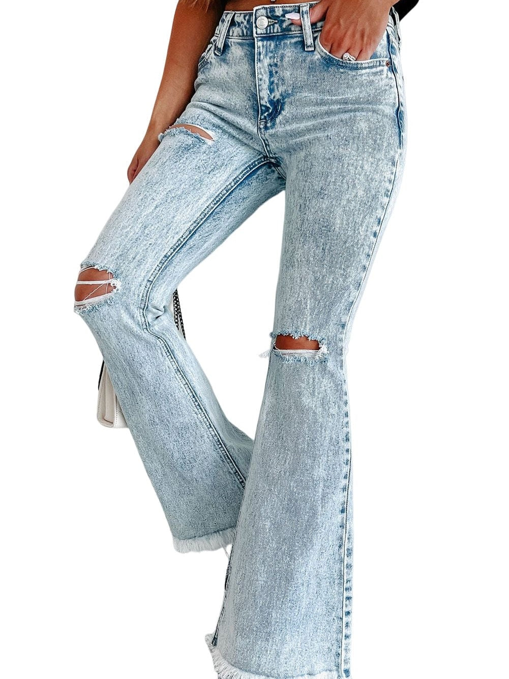 Women's Acid Wash High-Rise Flare Denim Jeans in Vintage Light Blue