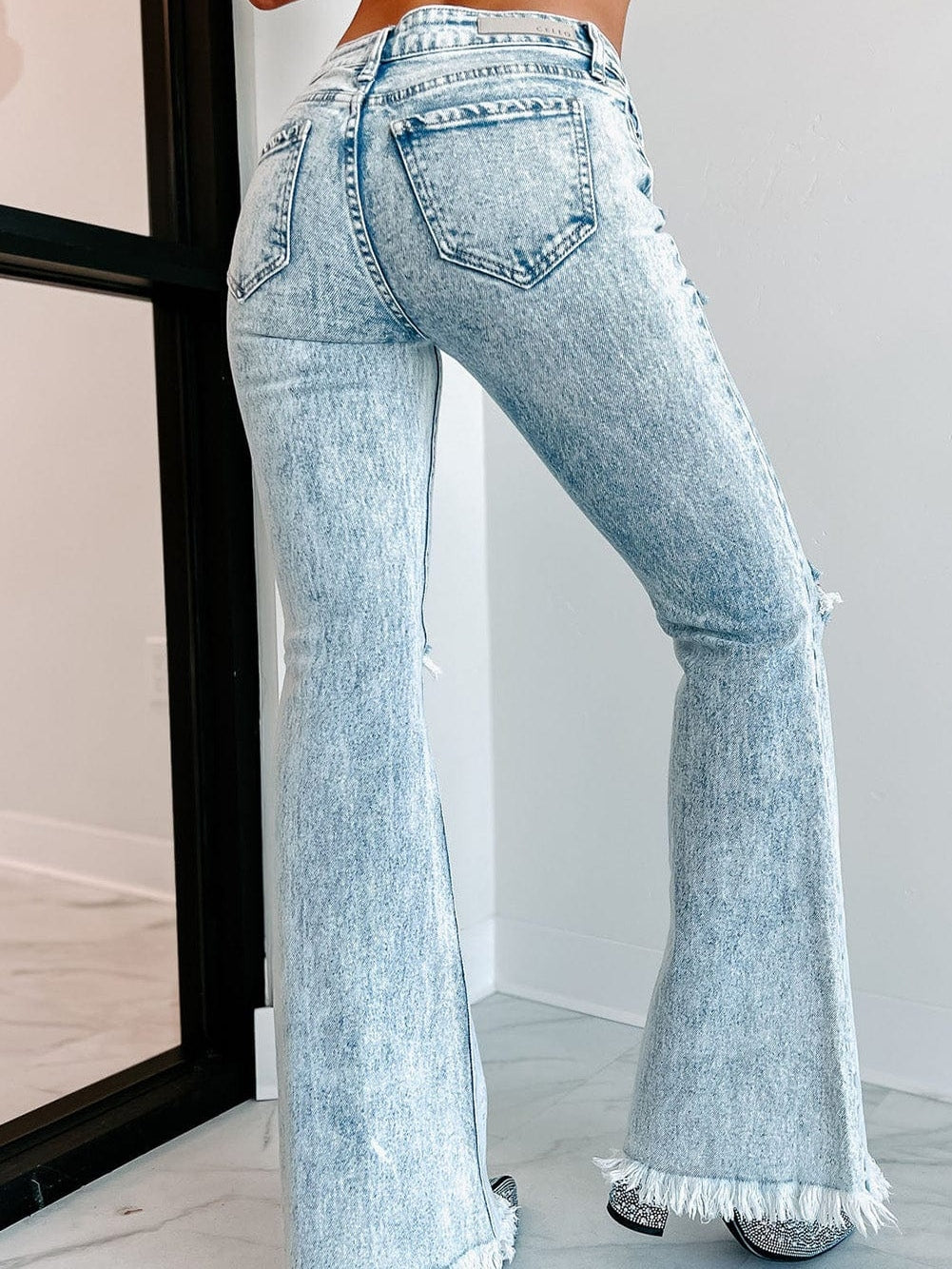 Women's Acid Wash Distressed High-Rise Flare Jeans