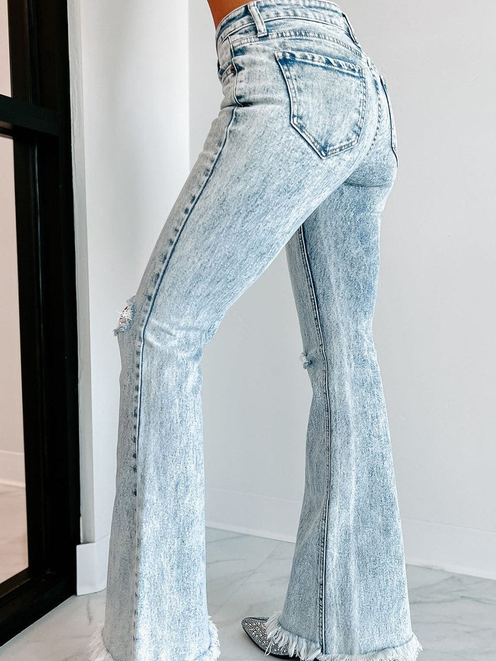 Women's Acid Wash High-Rise Flare Denim Jeans in Vintage Light Blue