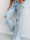 Women's Acid Wash Distressed High-Rise Flare Jeans