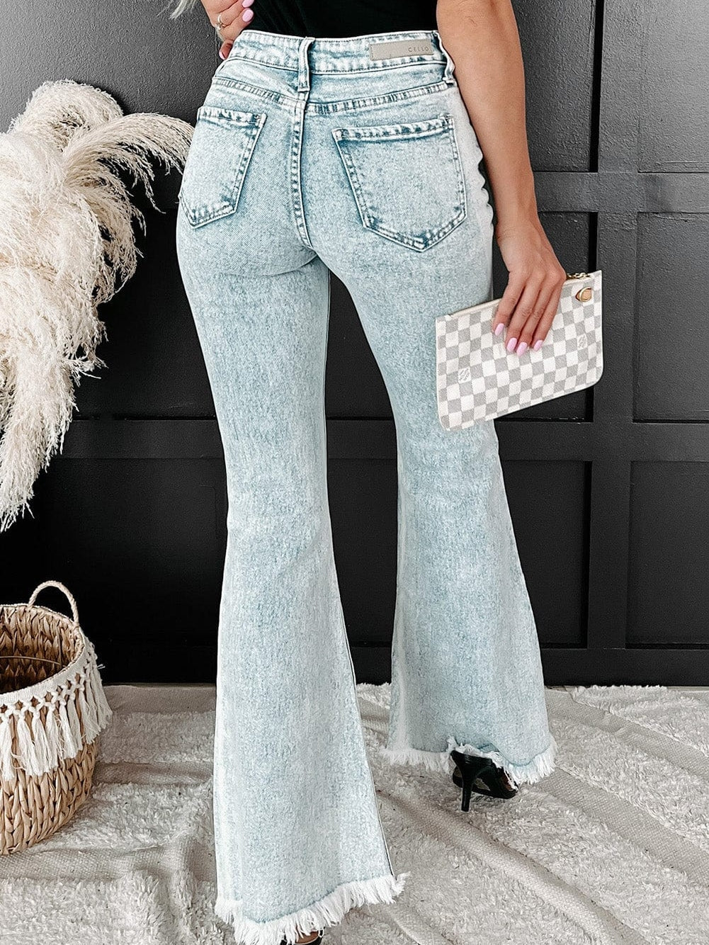 Women's Acid Wash High-Rise Flare Denim Jeans in Vintage Light Blue
