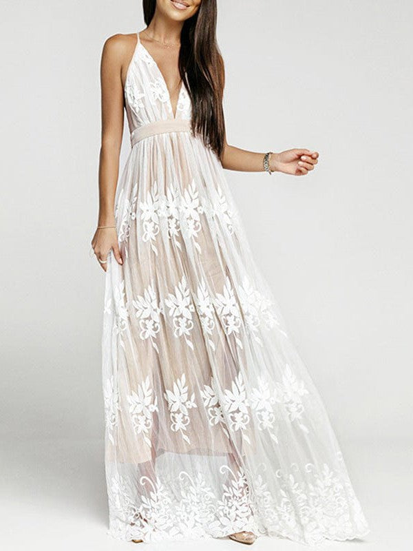 Stylish Low V-Neck Chiffon Suspender Dress With Beautiful Back