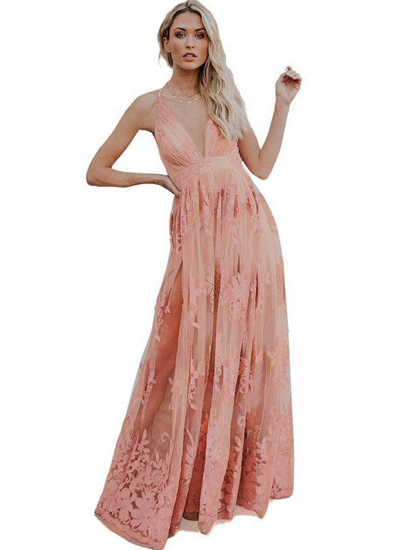 Stylish Low V-Neck Chiffon Suspender Dress With Beautiful Back