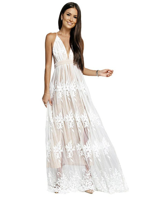 Stylish Low V-Neck Chiffon Suspender Dress With Beautiful Back