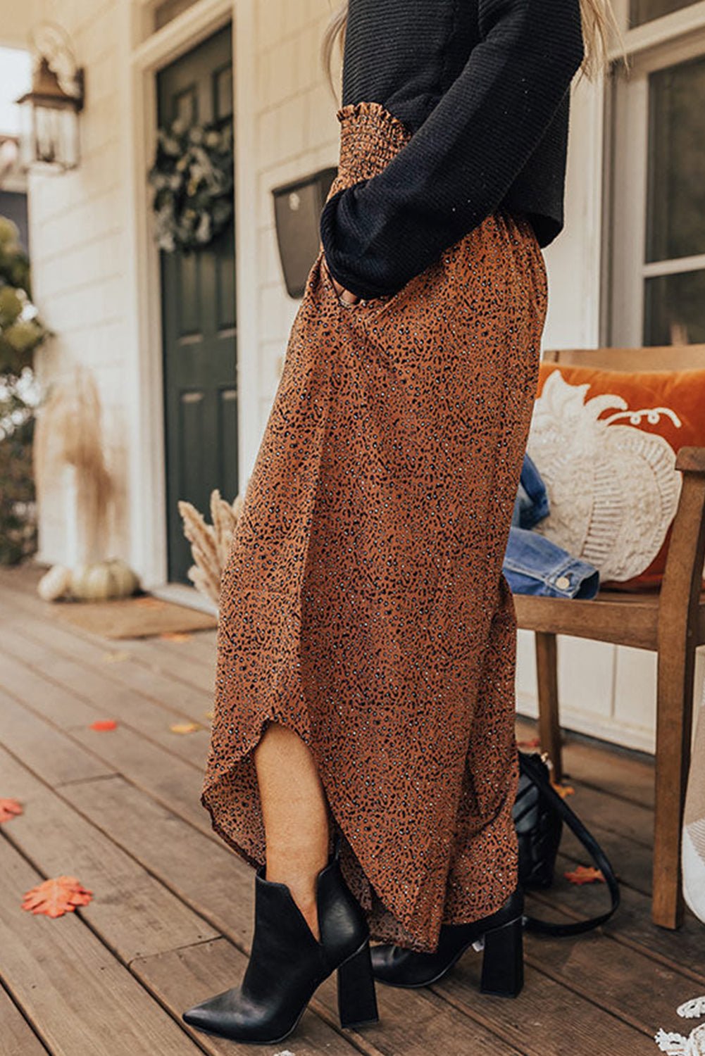 Stylish Women's Brown Leopard Print High Rise Wide Leg Pants with Smocked Waistband and Curved Hem for Ultimate Comfort