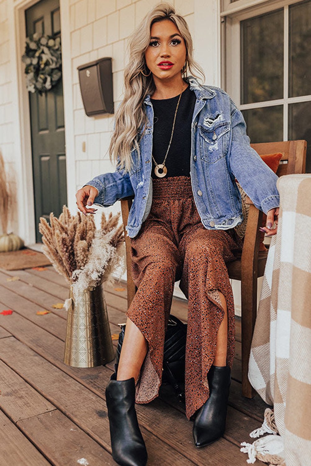 Stylish Women's Brown Leopard Print High Rise Wide Leg Pants with Smocked Waistband and Curved Hem for Ultimate Comfort