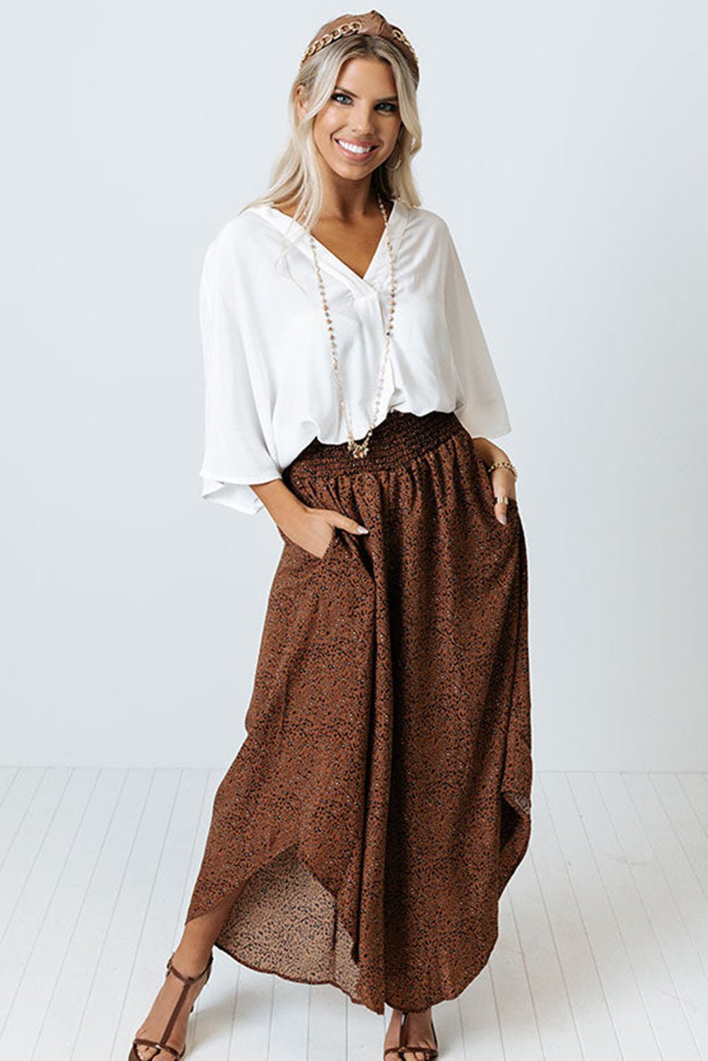 Stylish Women's Brown Leopard Print High Rise Wide Leg Pants with Smocked Waistband and Curved Hem for Ultimate Comfort