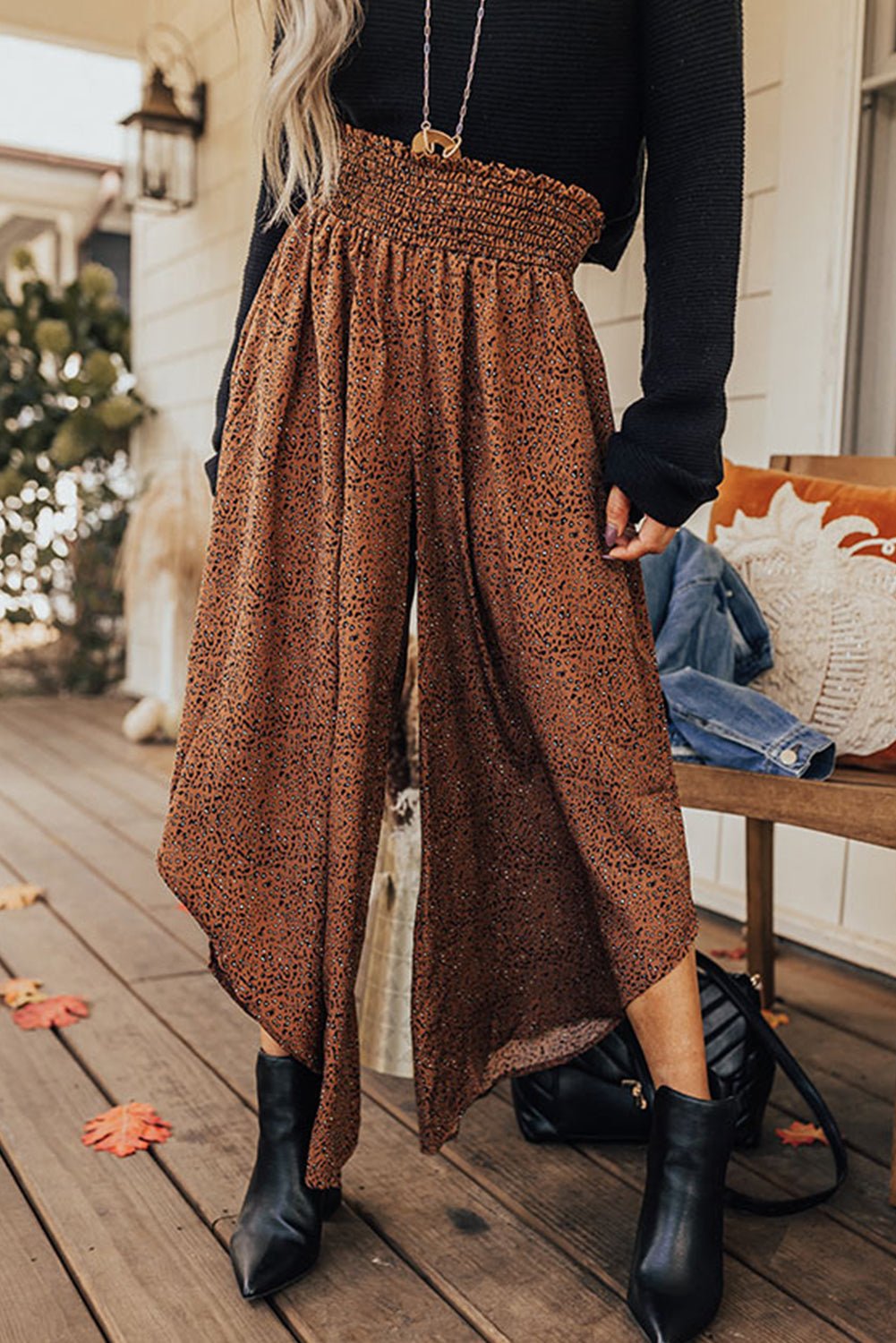 Stylish Women's Brown Leopard Print High Rise Wide Leg Pants with Smocked Waistband and Curved Hem for Ultimate Comfort