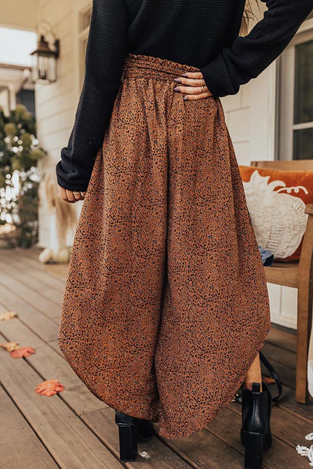 Stylish Women's Brown Leopard Print High Rise Wide Leg Pants with Smocked Waistband and Curved Hem for Ultimate Comfort