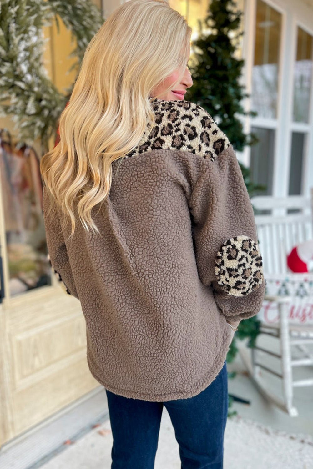 Stylish Women's Brown Sherpa Leopard Print Jacket with Flap Pockets - Cozy Collared Outerwear for Effortless Chic