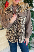 Stylish Women's Brown Sherpa Leopard Print Jacket with Flap Pockets - Cozy Collared Outerwear for Effortless Chic