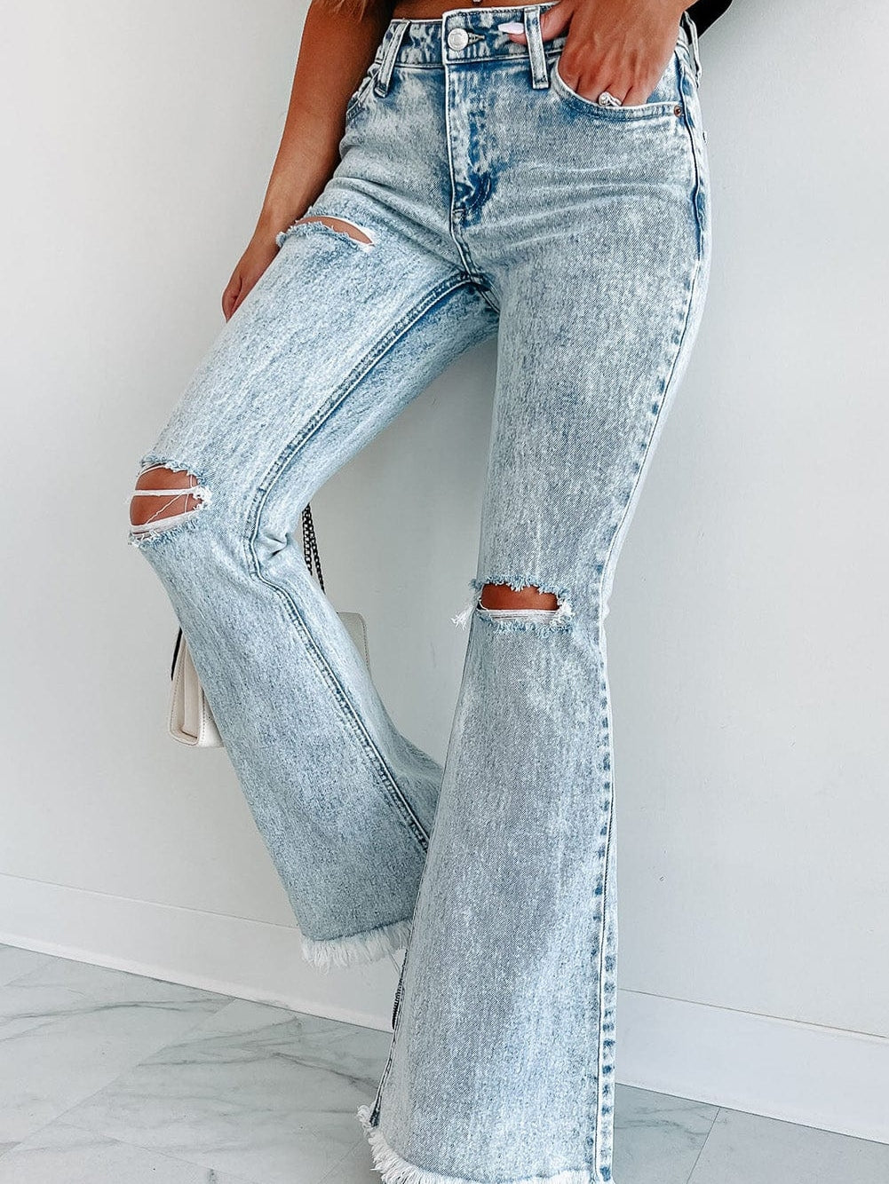 Women's Acid Wash Distressed High-Rise Flare Jeans