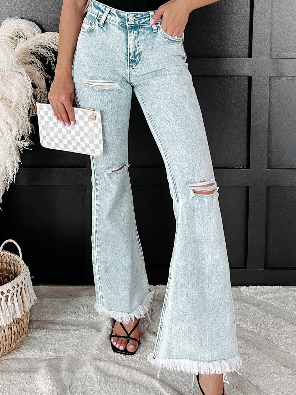 Women's Acid Wash High-Rise Flare Denim Jeans in Vintage Light Blue