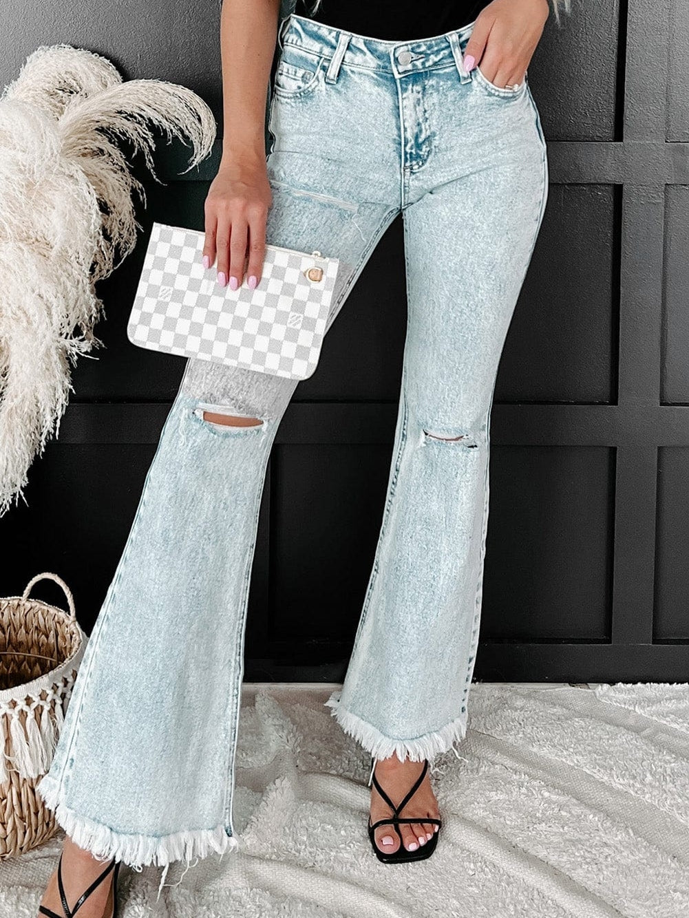 Women's Acid Wash Distressed High-Rise Flare Jeans