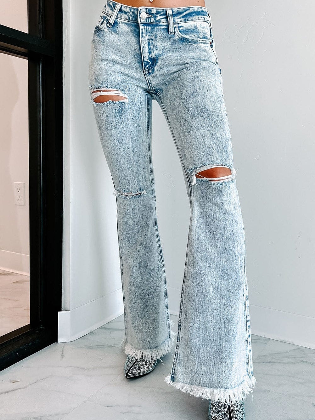 Women's Acid Wash Distressed High-Rise Flare Jeans