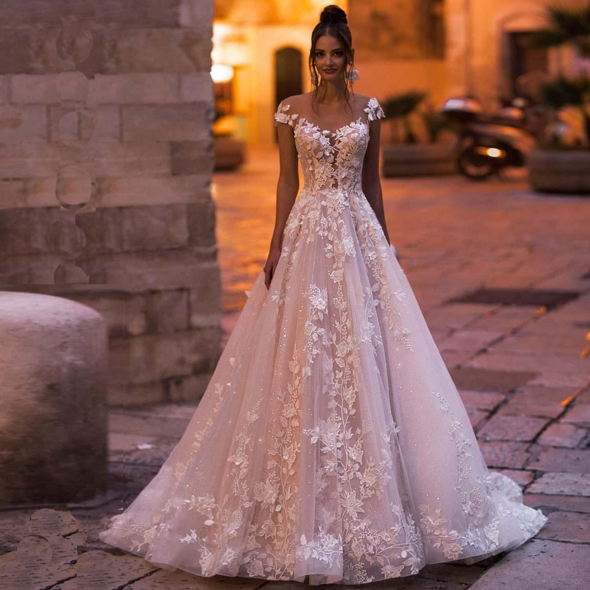 Plus Size A-Line Wedding Dress – Deep V-Neck Lace, Beading & Appliqués, Custom Made