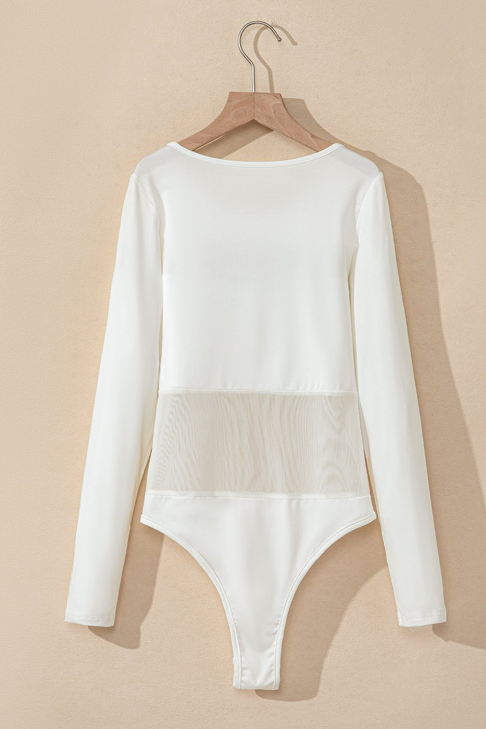 Women's White Mesh Panel Long Sleeve Bodysuit with Patchwork