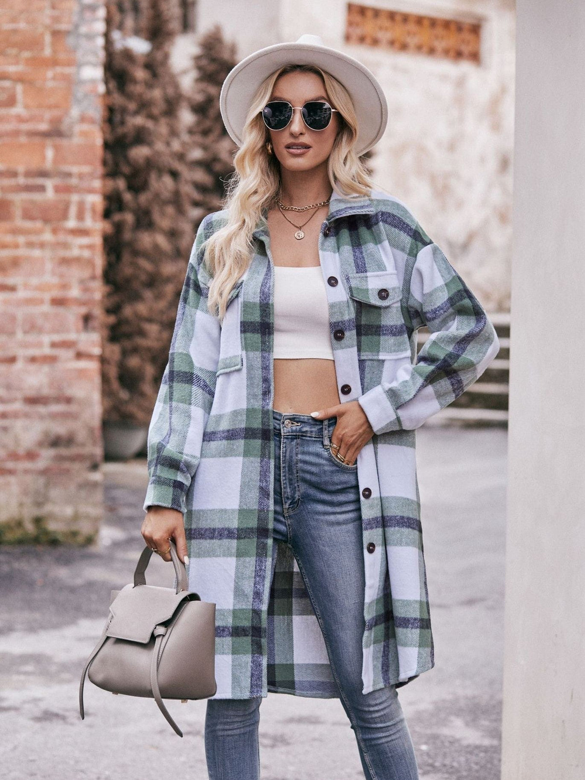 Women's casual flannel plaid shirt long coat